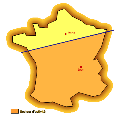zone d'activité de Soreti en France : France Sud, selon une ligne  Nantes-Strasbourg
